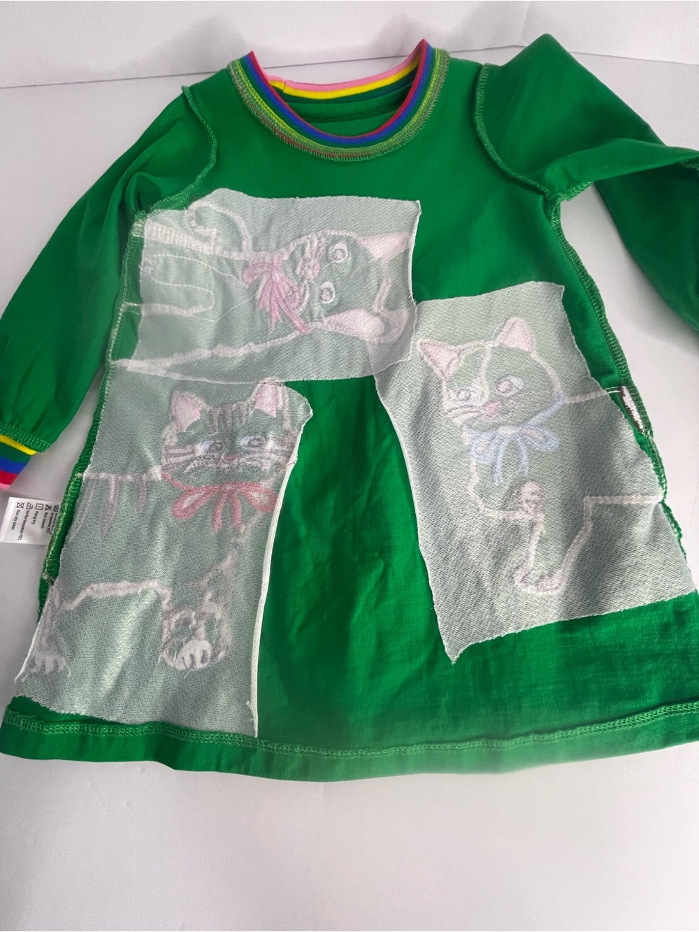 Green Kids Dress with Playful Cat Appliqués Crewneck LS 2Y - Picture 7 of 11